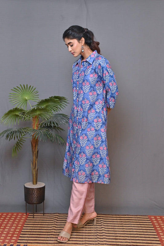 Blue Shirt Collar Front Open Chanderi Kurta With Mukesh Work