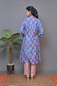 Blue Shirt Collar Front Open Chanderi Kurta With Mukesh Work