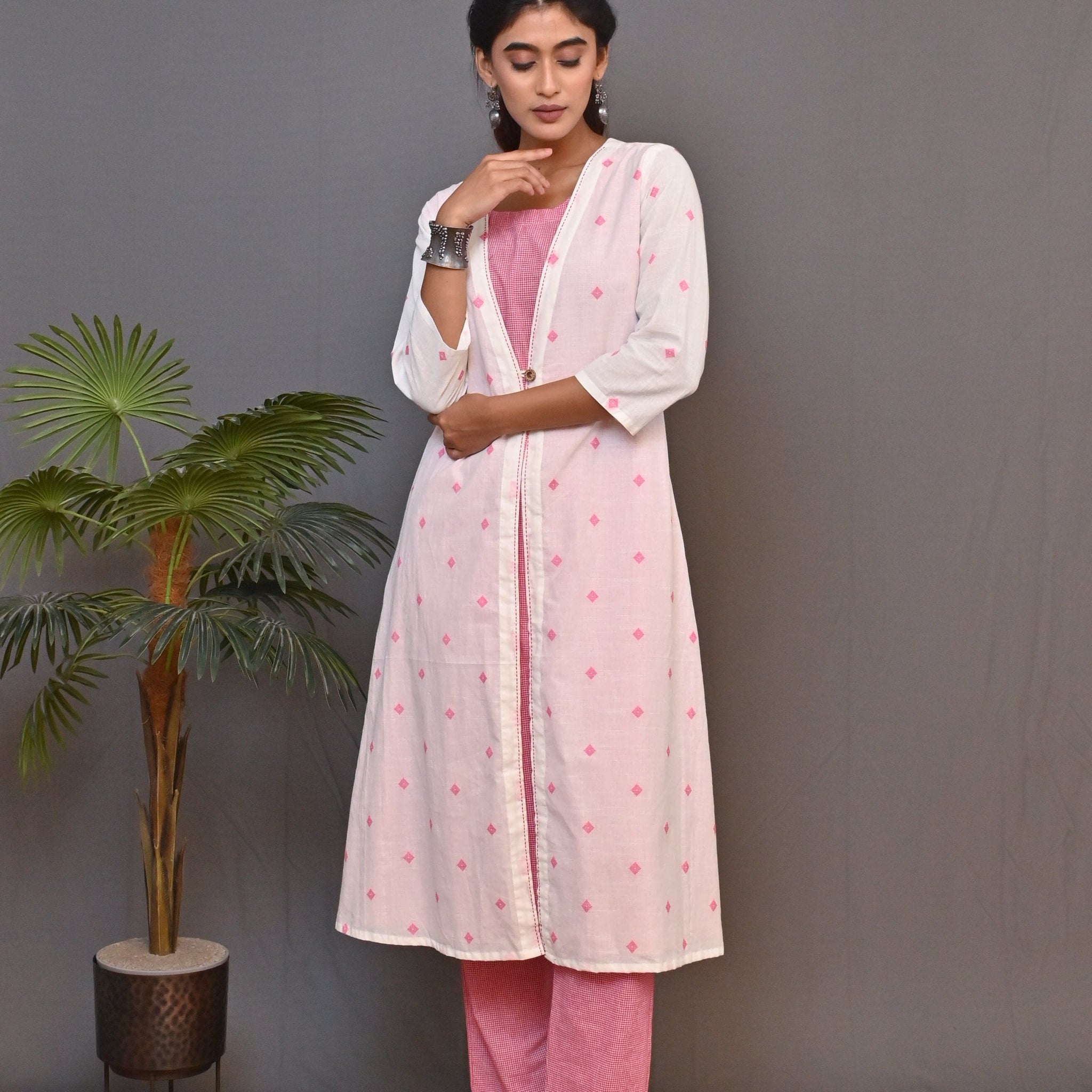 White and Pink Jacket Style Dress with Pink Checked Pants Co-ord Set (set of 2)