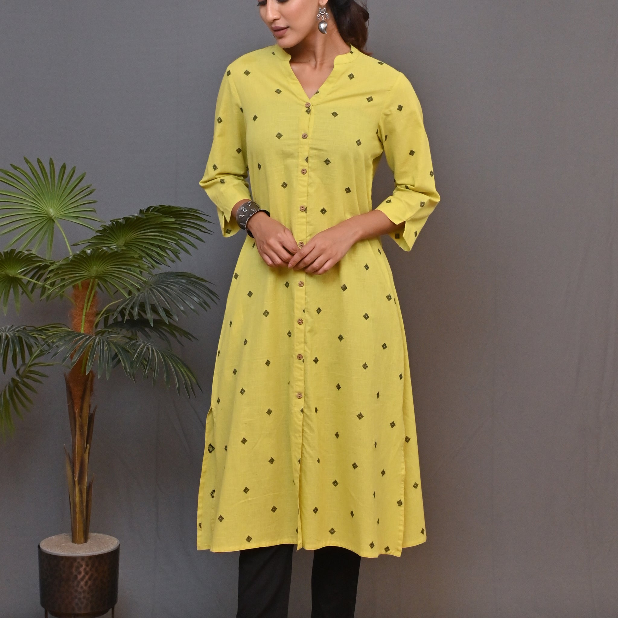 Lime Woven A Line Kurta With Black Buta All Over