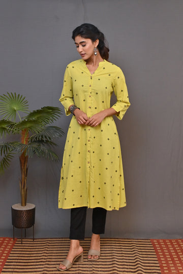 Lime Woven A Line Kurta With Black Buta All Over