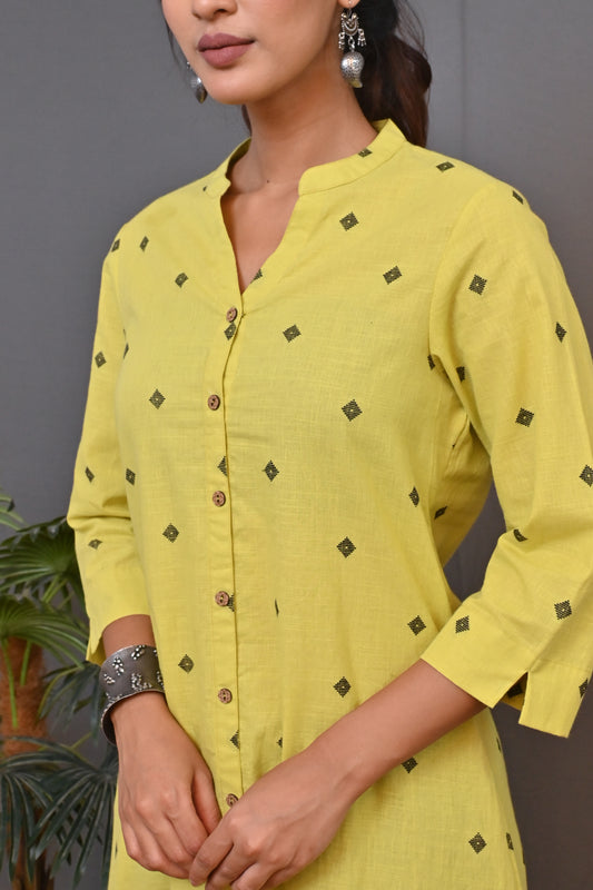 Lime Woven A Line Kurta With Black Buta All Over