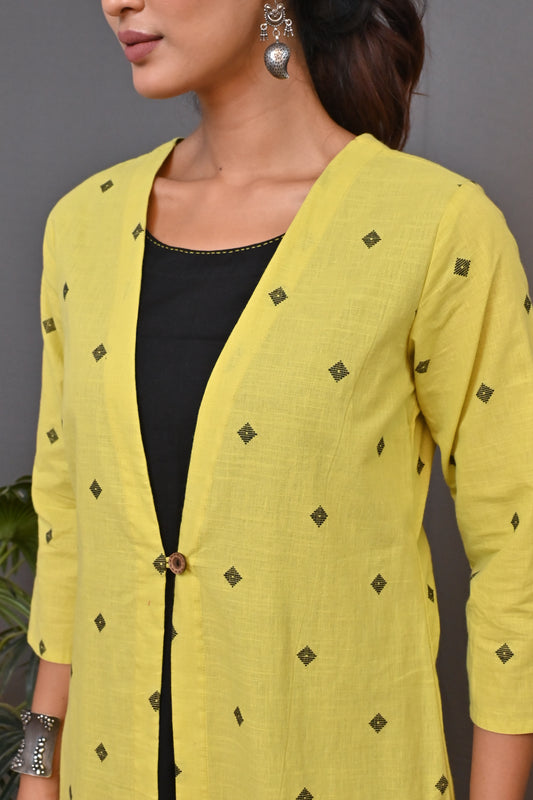 Lime Woven Jacket Style Dress With Black All Over Buta