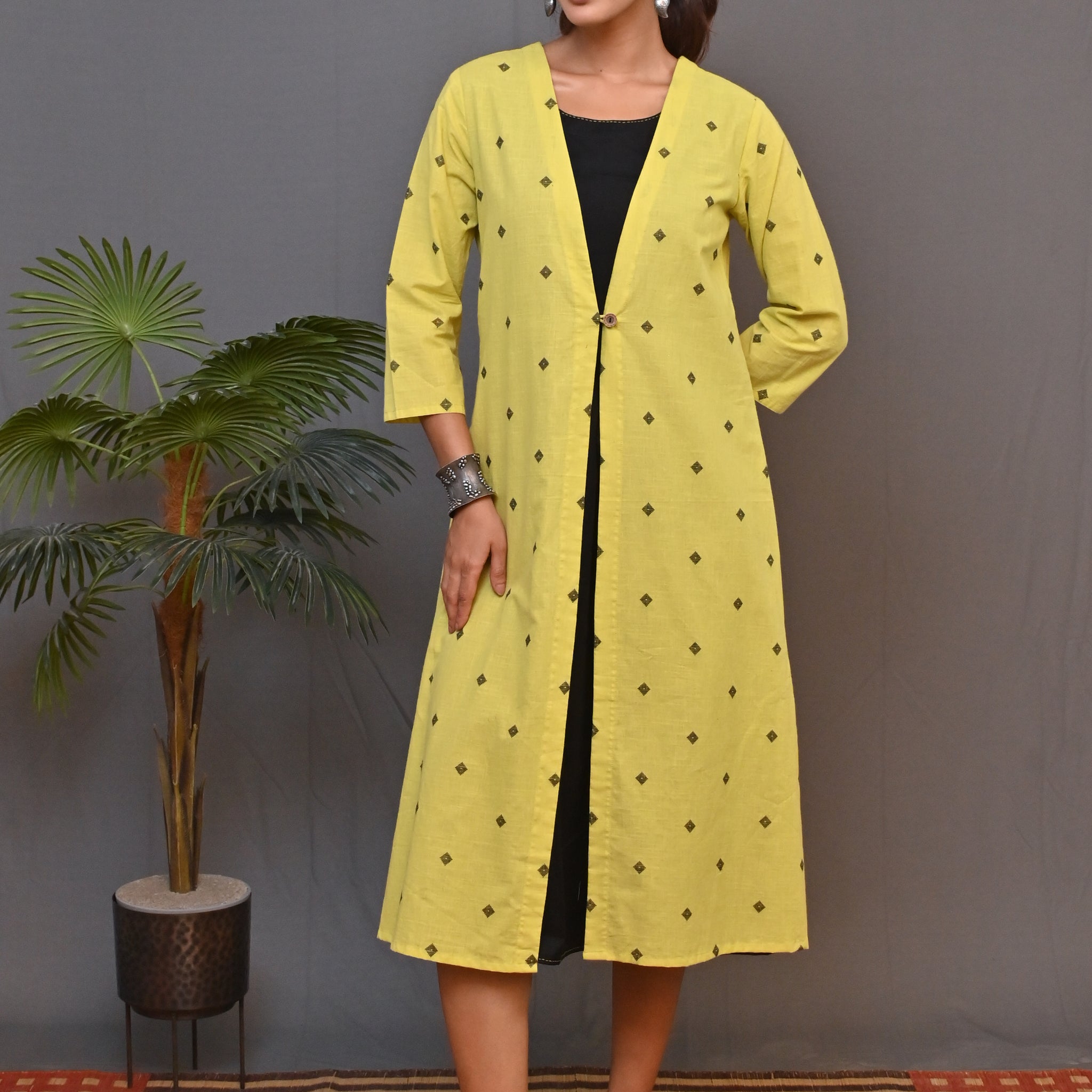 Lime Woven Jacket Style Dress With Black All Over Buta