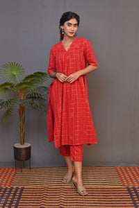 Red Zari Co-ord Set With Kantha Embroidery Detailing