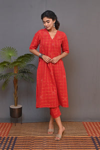 Red Zari Co-ord Set With Kantha Embroidery Detailing