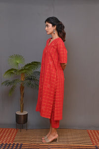 Red Zari Co-ord Set With Kantha Embroidery Detailing