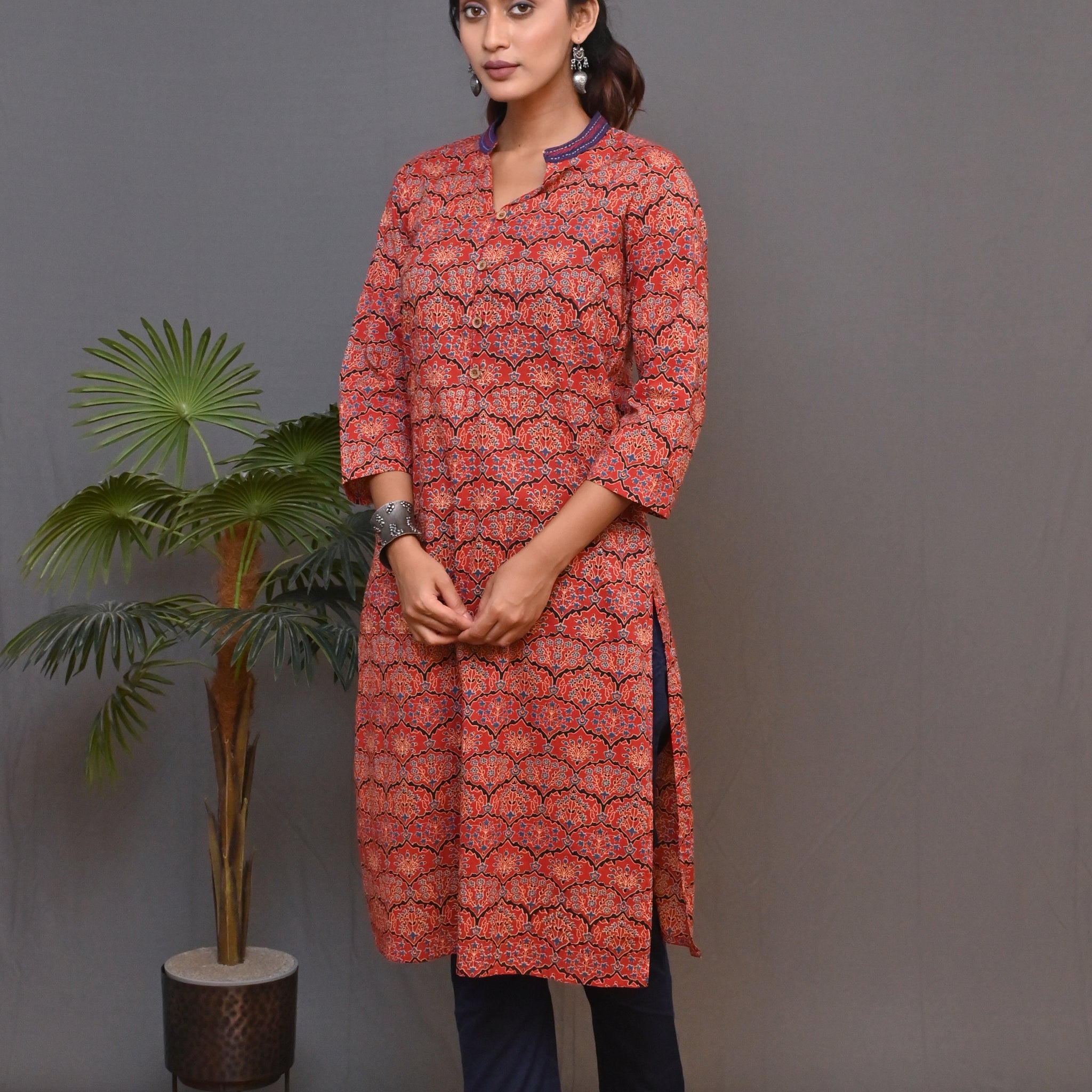 Red Ajrakh Printed Straight Kurta With Kantha Embroidery Detailing On Neck