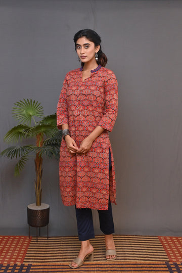 Red Ajrakh Printed Straight Kurta With Kantha Embroidery Detailing On Neck