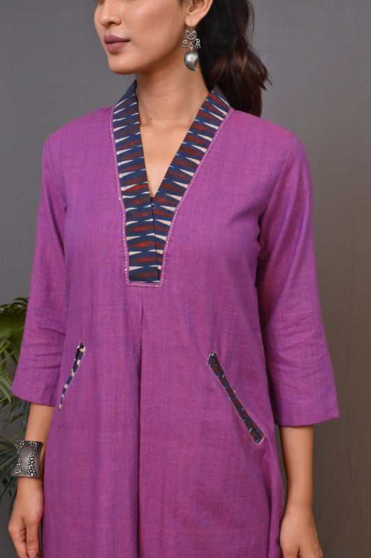 Purple Hand Woven A Line Dress With Kantha Detailing