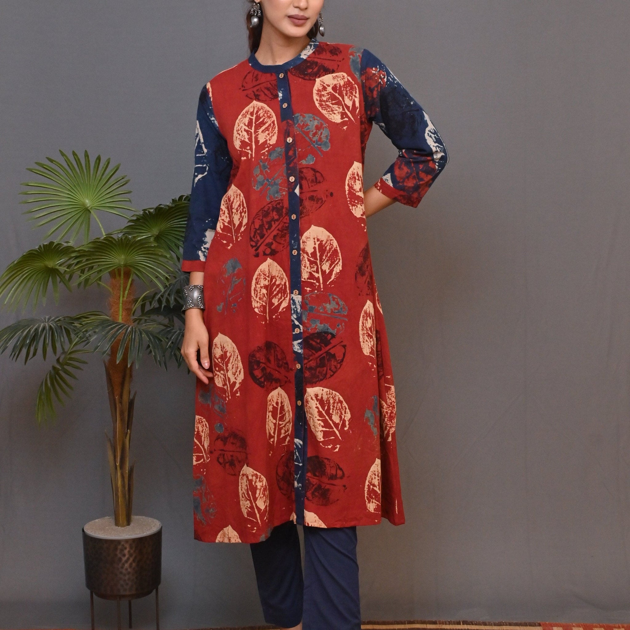 Red Ajrakh Block Printed Front Open Kurta