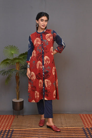 Red Ajrakh Block Printed Front Open Kurta