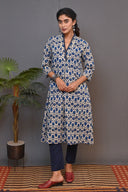 Beige-Blue Hand Embroidered Printed Cotton A-Line Dress