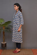 Beige-Blue Hand Embroidered Printed Cotton A-Line Dress