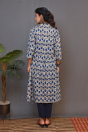 Beige-Blue Hand Embroidered Printed Cotton A-Line Dress