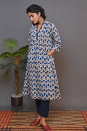 Beige-Blue Hand Embroidered Printed Cotton A-Line Dress