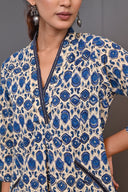 Beige-Blue Hand Embroidered Printed Cotton A-Line Dress