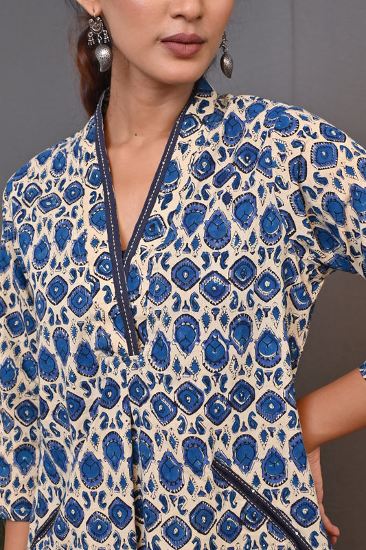 Beige-Blue Printed A Line Dress With Kantha Detailing