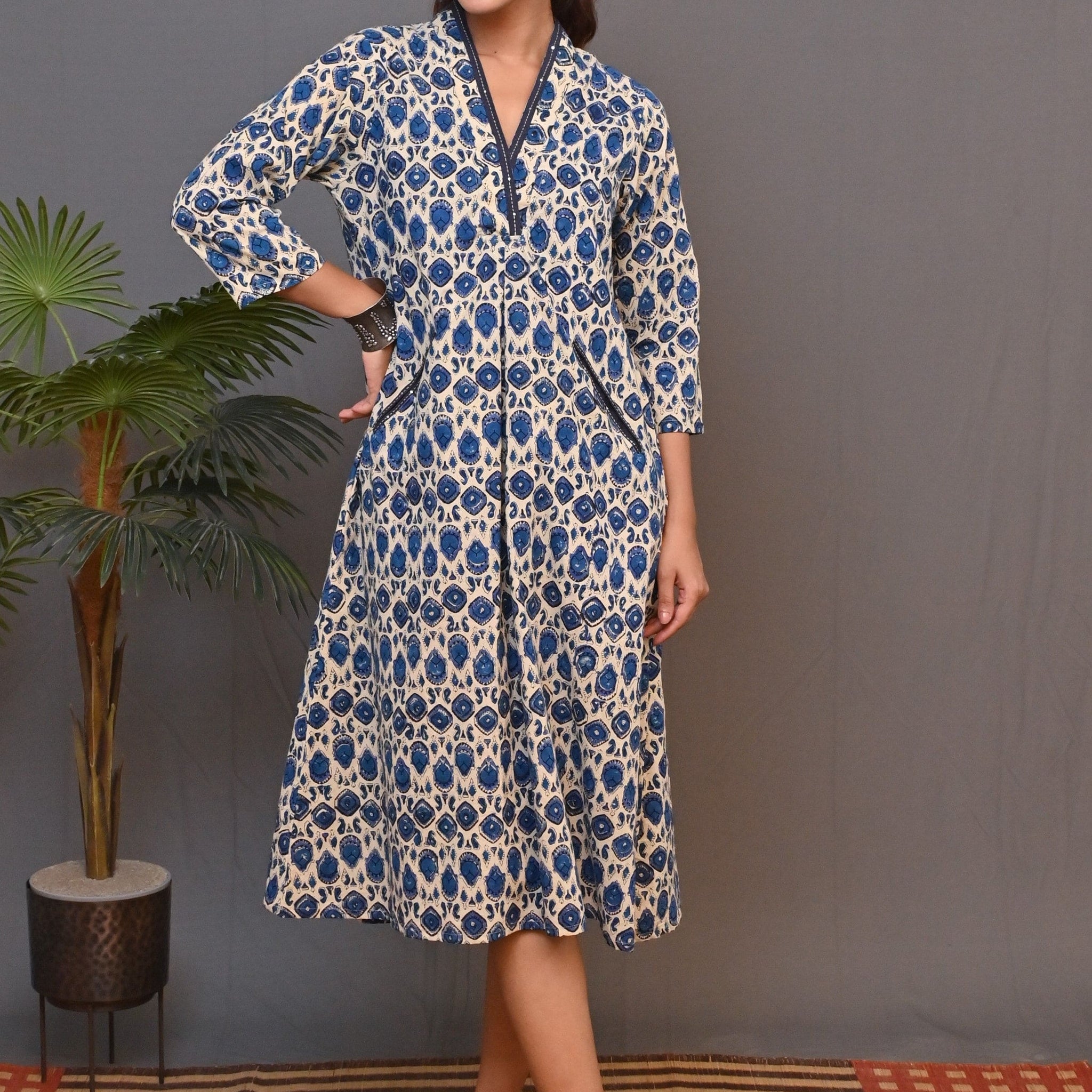 Beige-Blue Printed A Line Dress With Kantha Detailing