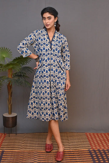 Beige-Blue Printed A Line Dress With Kantha Detailing