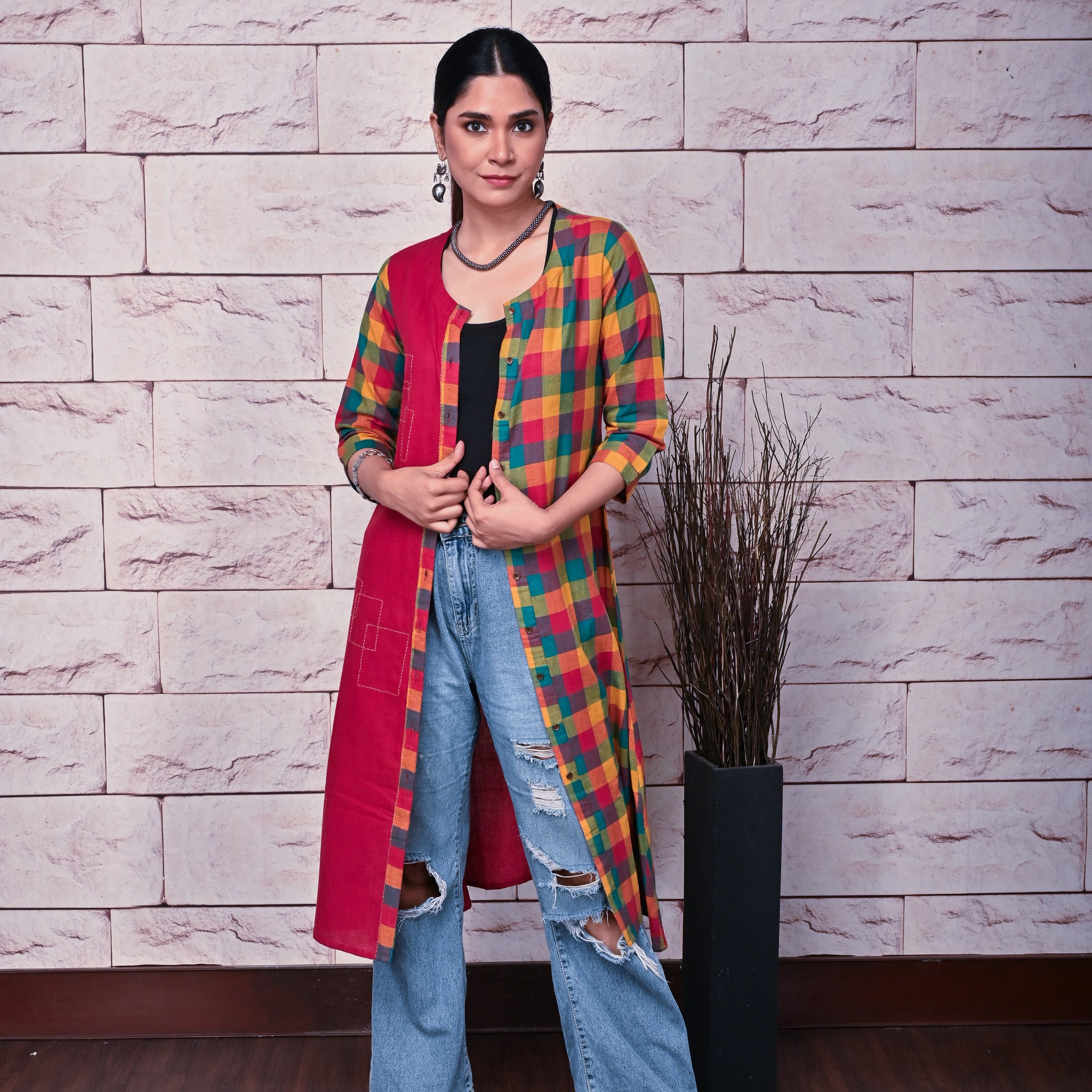 Red Checks Handwoven Front Open Kurta/Overlay with Hand Embroidery Detailing