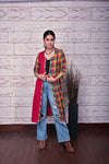 Red Checks Handwoven Front Open Kurta/Overlay with Hand Embroidery Detailing