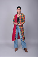 Red Multicoloured Checks Hand Embroidered Handloom Cotton Half & Half Kurta
