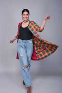 Red Multicoloured Checks Hand Embroidered Handloom Cotton Half & Half Kurta
