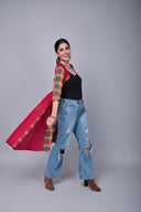 Red Multicoloured Checks Hand Embroidered Handloom Cotton Half & Half Kurta