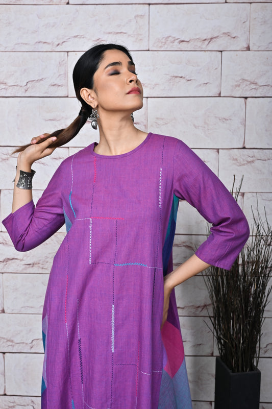 Purple Handwoven Anti-fit Dress With with Hand Embroidery Detailing