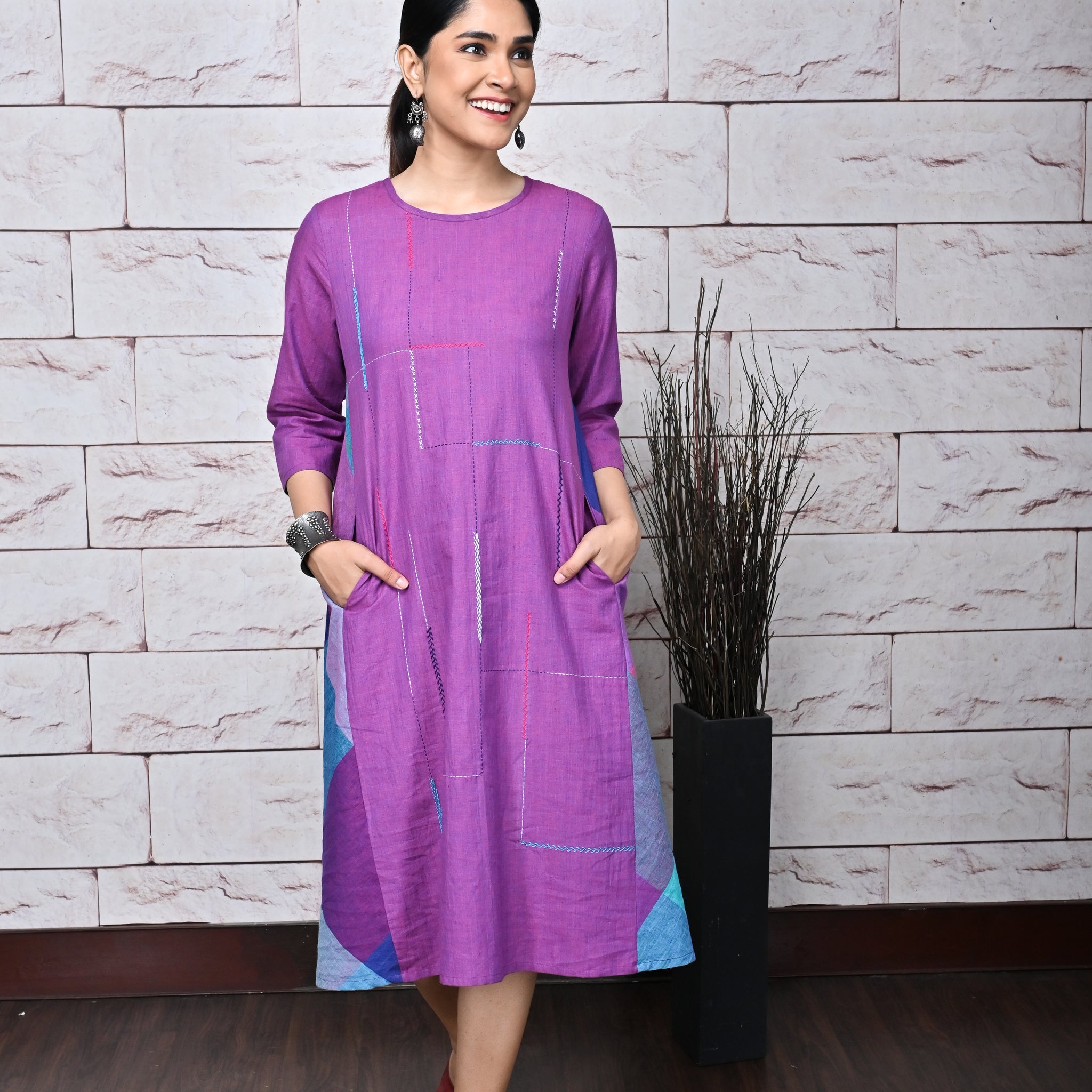 Purple Handwoven Anti-fit Dress With with Hand Embroidery Detailing