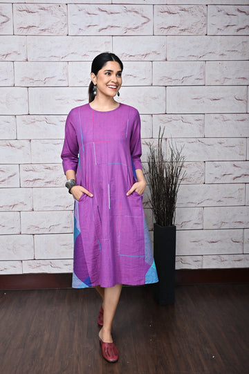 Purple Handwoven Anti-fit Dress With with Hand Embroidery Detailing