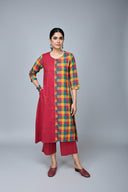 Red Multicoloured Checks Hand Embroidered Handloom Cotton Half & Half Kurta