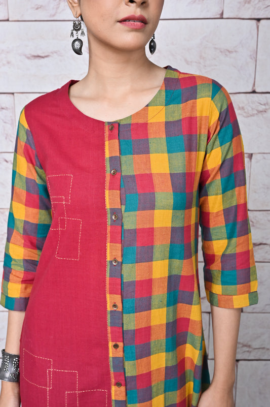 Red Handwoven Checks Front Open Kurta With Kantha Hand Embroidery Detailing