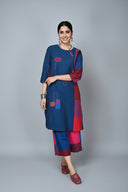 Red-Blue Checks Hand Embroidered Handloom Cotton Side Panel Dress