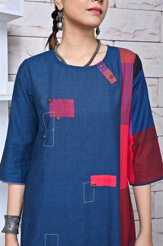 Indigo-Red Checks Hand Woven Side Panel Dress With Patch Work & Kantha Hand Embroidery Detailing