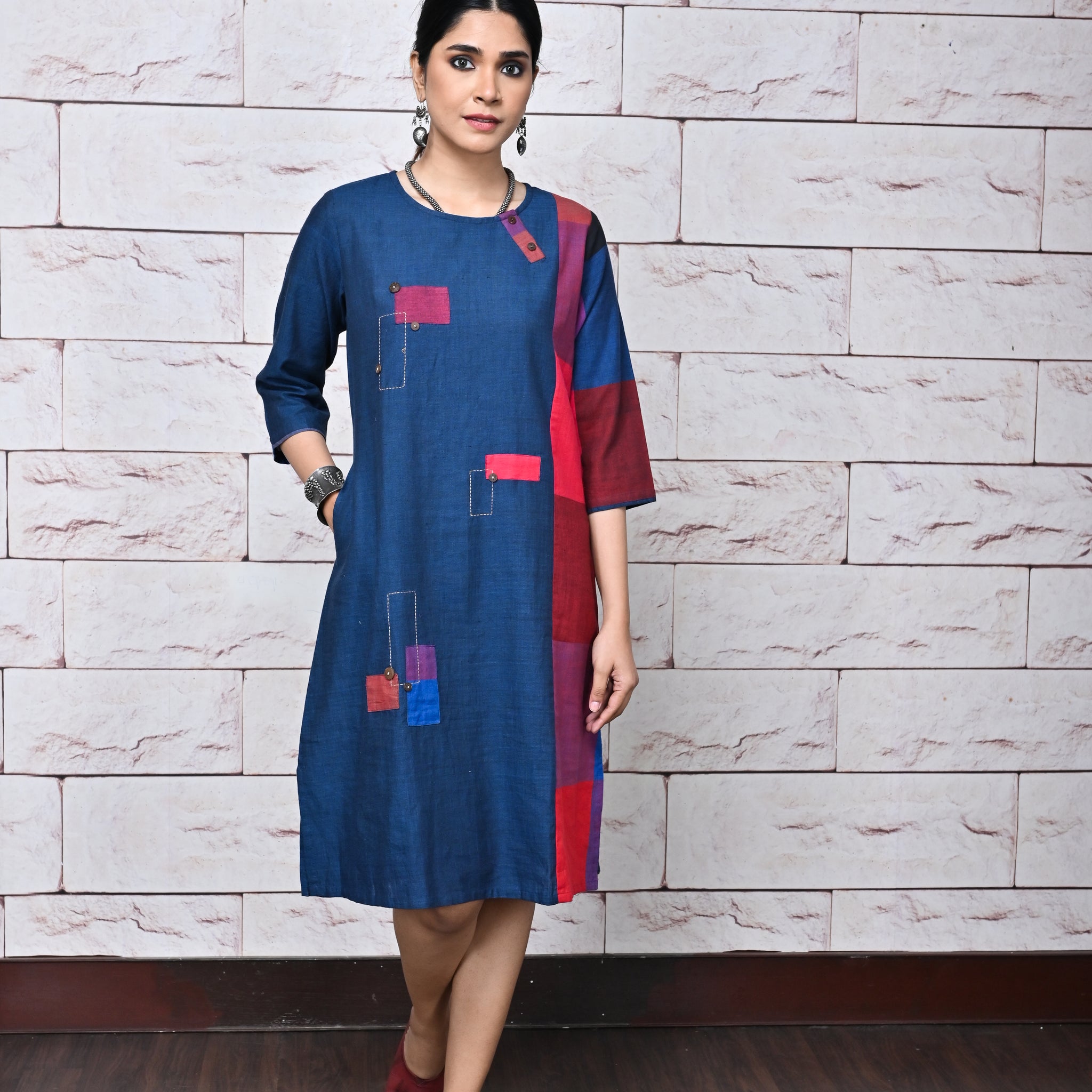 Indigo-Red Checks Handwoven Side Panel Dress with Hand Embroidery Detailing & Patch Work