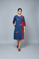 Red-Blue Checks Hand Embroidered Handloom Cotton Side Panel Dress