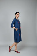 Red-Blue Checks Hand Embroidered Handloom Cotton Side Panel Dress