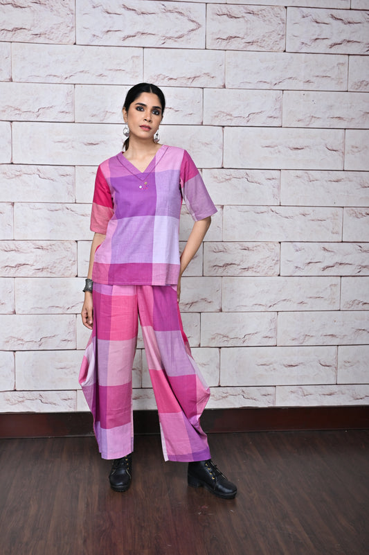 Pink Checks Hand Woven Top With Kantha Hand Embroidery Detailing