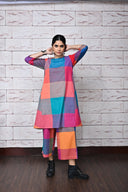 Red-Orange Checks Handloom Cotton Flared Pants