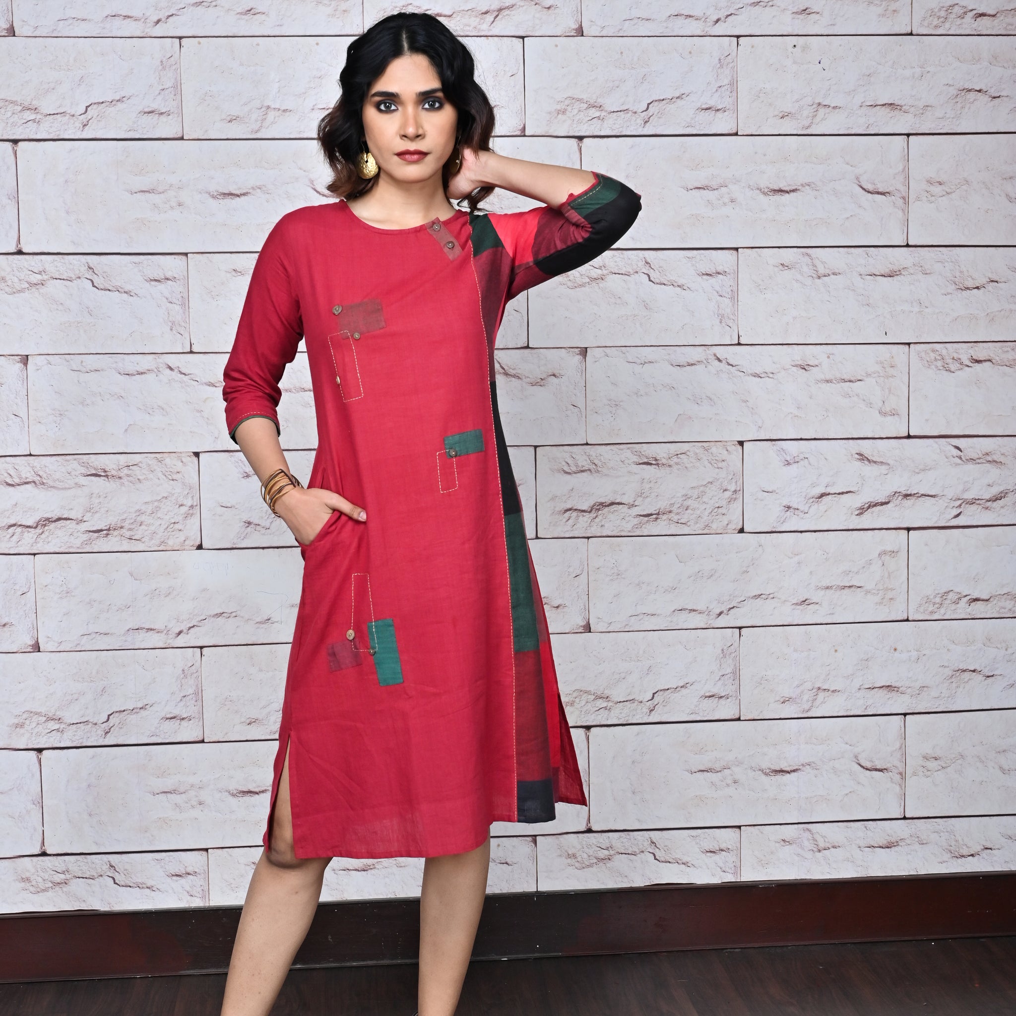 Red-Green Checks Handwoven Side Panel Dress