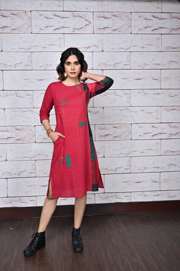 Red-Green Checks Handwoven Side Panel Dress
