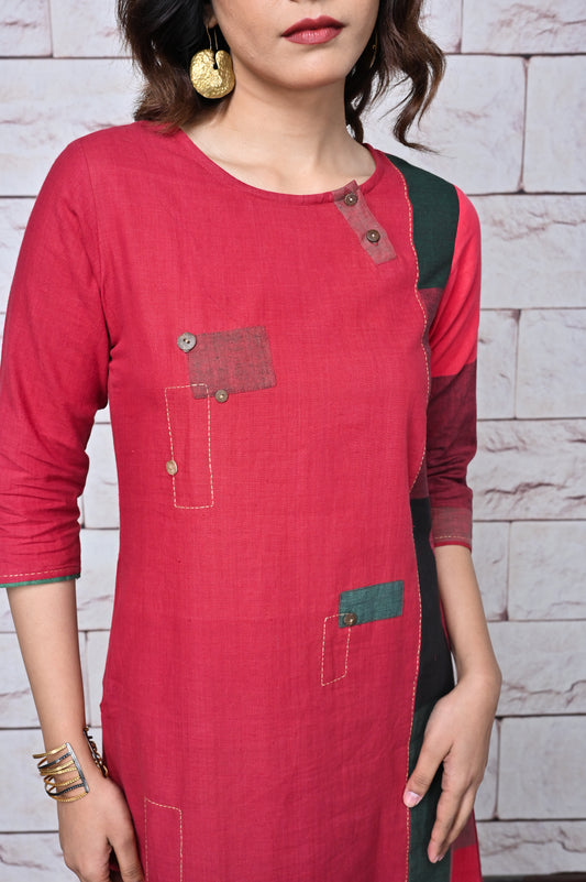 Red-Green Checks Hand Woven Side Panel Dress With Patch Work & Kantha Hand Embroidery Detailing