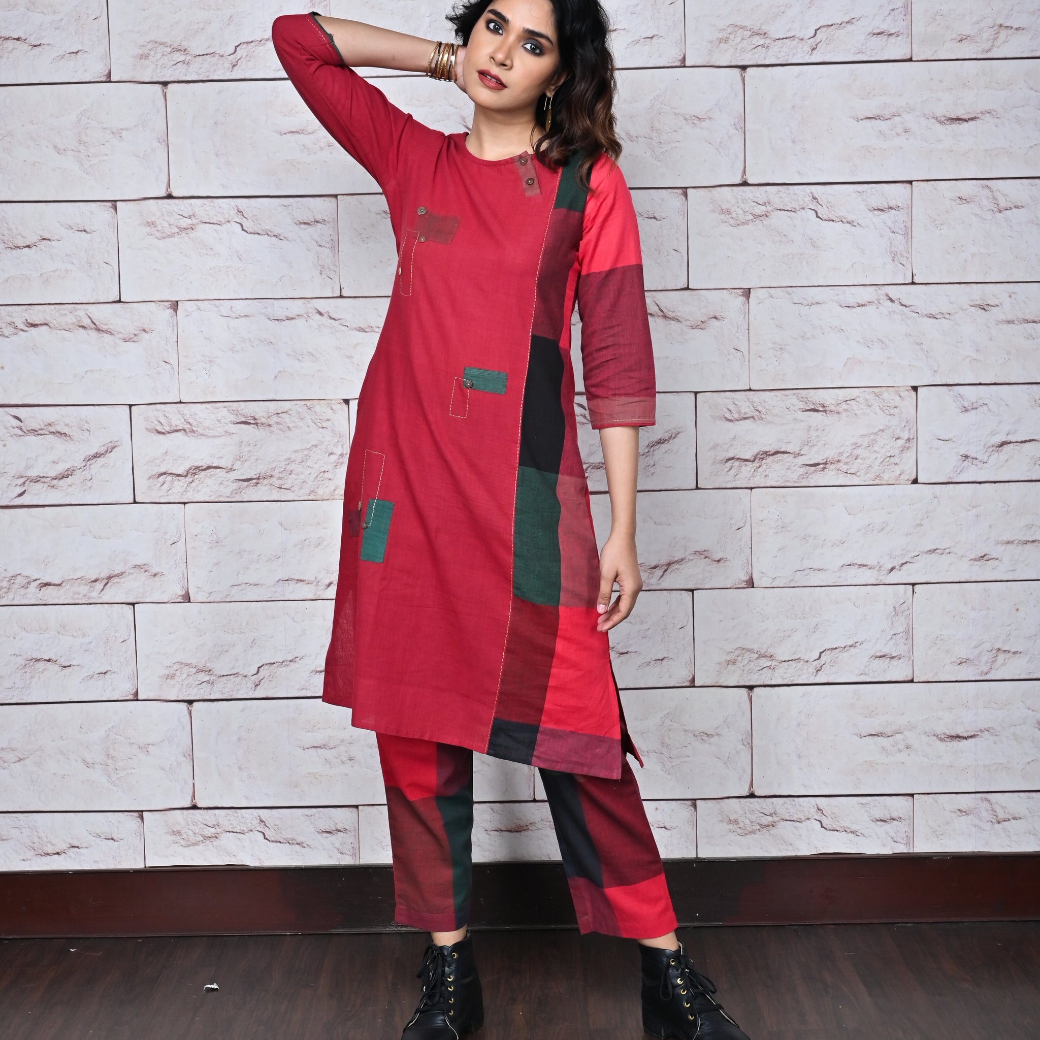 Red-Green Checks Hand Woven Side Panel Dress With Patch Work & Kantha Hand Embroidery Detailing