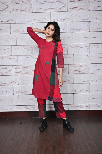 Red-Green Checks Hand Woven Side Panel Dress With Patch Work & Kantha Hand Embroidery Detailing