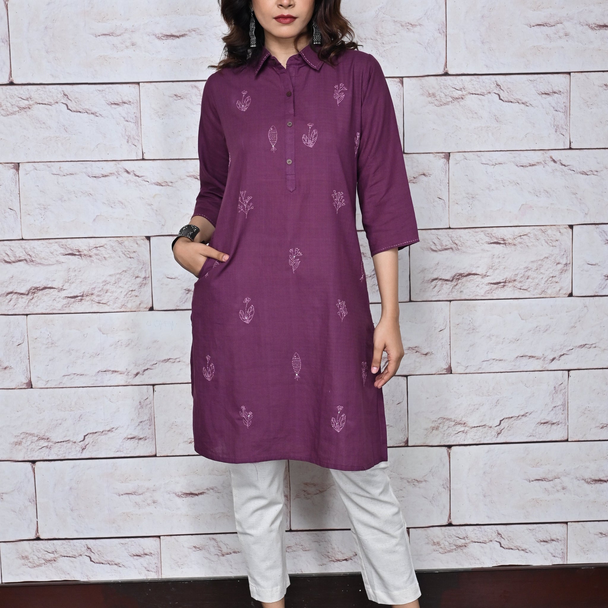Purple Handwoven Shirt Collar Tunic With Kantha Hand Embroidery Detailing All Over
