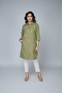 Olive Handwoven Shirt Collar Tunic with Hand Embroidery Detailing