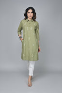 Olive Handwoven Shirt Collar Tunic with Hand Embroidery Detailing