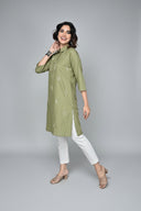 Olive Handwoven Shirt Collar Tunic with Hand Embroidery Detailing